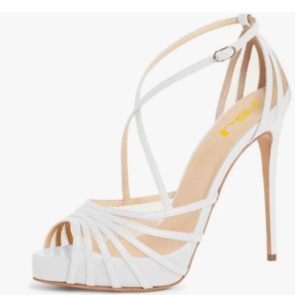FSJ White Peep Toe Crisscross Platform Ankle Strappy Stiletto High Heel Sandals - Picture 1 of 8